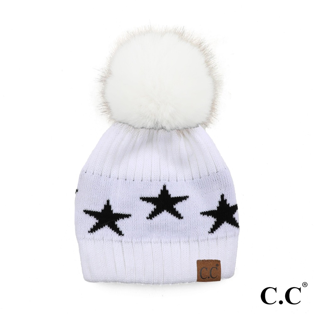 C.C HAT-4023 Star Beanie Hat With Pom - One Size Fits Most - 100% Acrylic - Pom 100% Faux Fur view 2