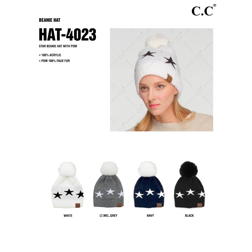 C.C HAT-4023 Star Beanie Hat With Pom - One Size Fits Most - 100% Acrylic - Pom 100% Faux Fur view 4