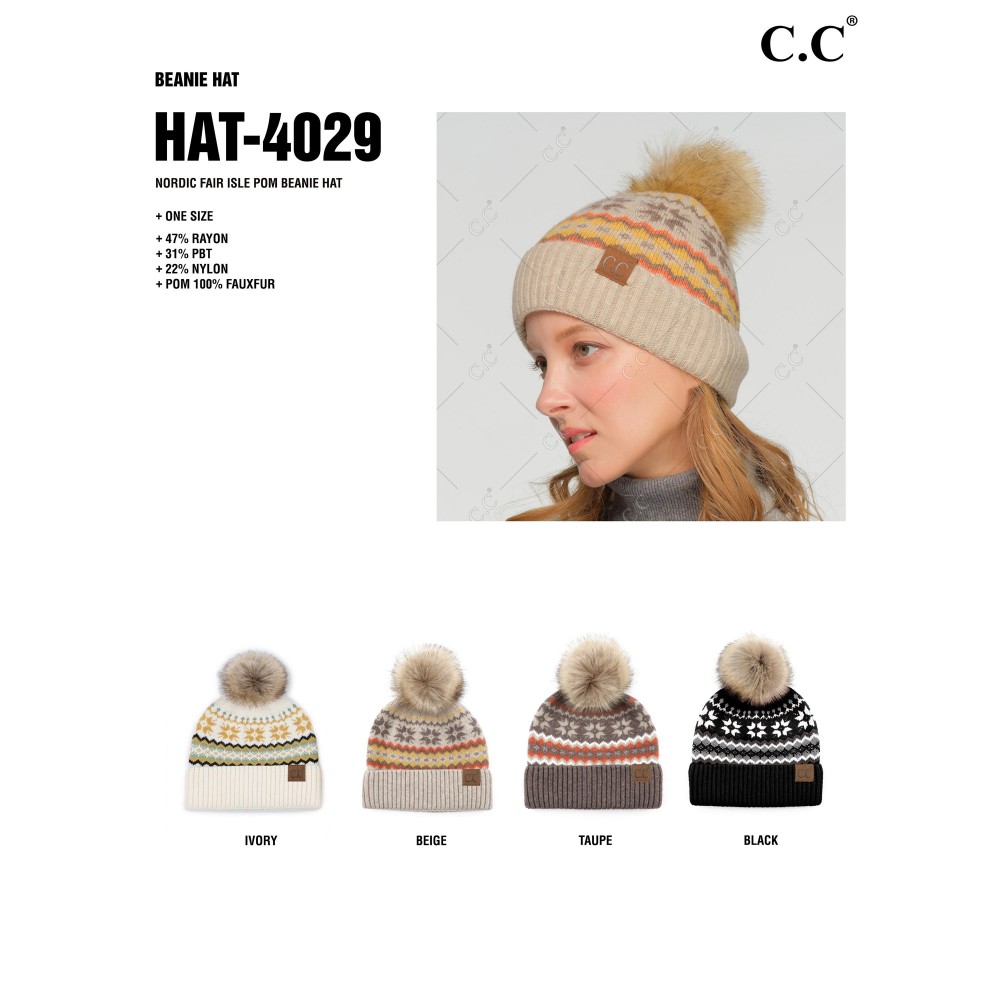 C.C HAT-4029 Nordic Fair Isle Pom Beanie Hat - One Size Fits Most - 47% Rayon / 31% PBT / 22% Nylon view 4