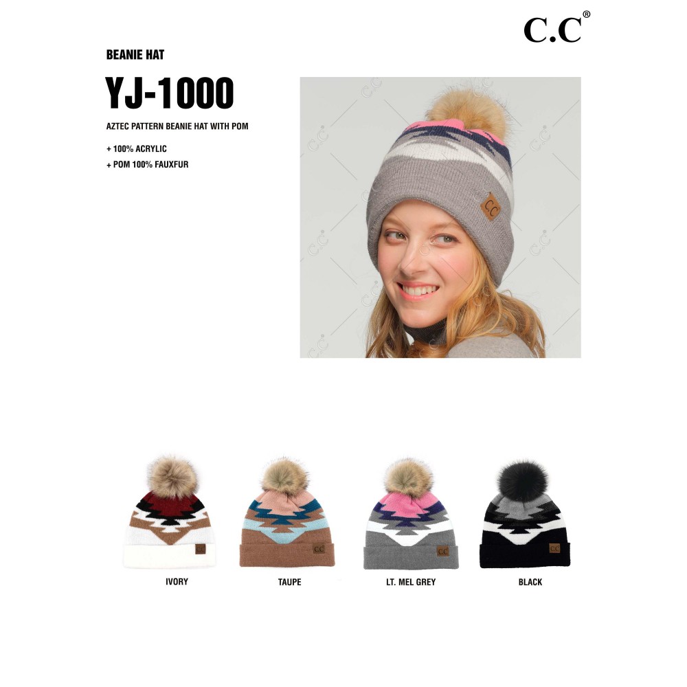 C.C YJ-1000 Aztec Pattern Beanie Hat With Pom - One Size Fits Most - 100% Acrylic view 4