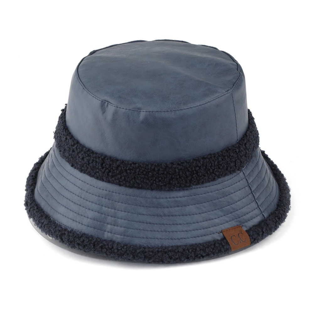 C.C BK-3830 Soft Faux Leather Bucket Hat With Shearling Trims - One Size Fits Most - Reversible - 50% PU / 50% Polyester view 4