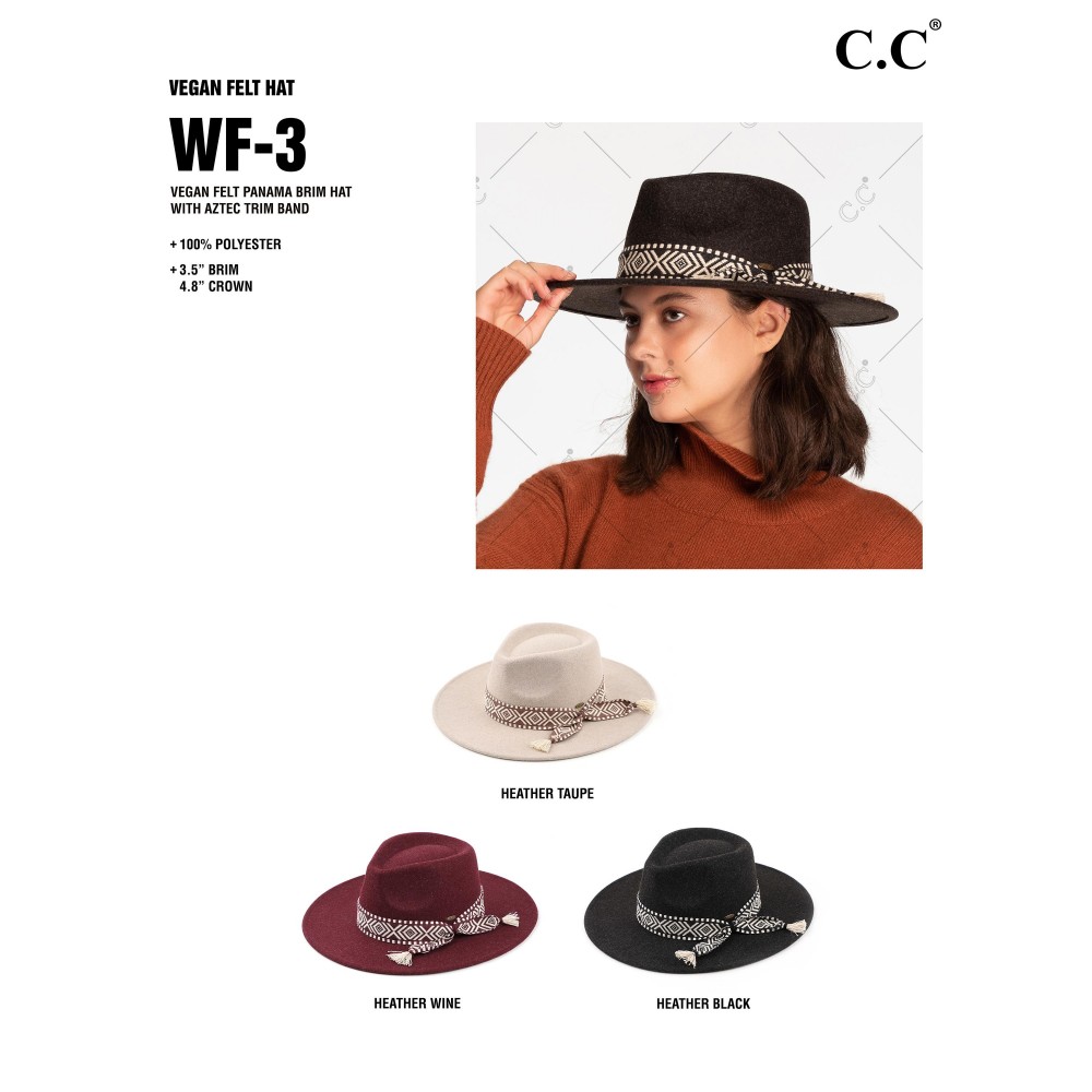 C.C WF-3 Vegan Felt Panama Brim Hat With Aztec Trim Band - One Size Fits Most - Brim Approximately 3.5" W - 100% Polyester view 4