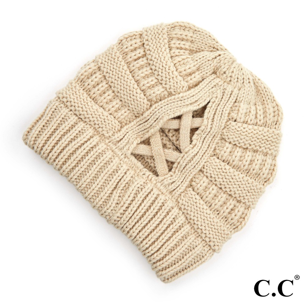 C.C CCB-1 Ribbed Knit Beanie Featuring Criss-Cross Ponytail Detail. - Multiple Ways to Wear - Criss-Cross Ponytail Detail - One size fits most - 100% Acrylic view 2