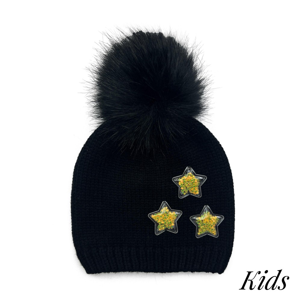 Kids Knit Beanie Featuring Glitter Filled 3D Star And Faux Fur Pom - 52% Viscose/ 29% Polyester/ 19% Nylon - S/M Fits 3-6 view 2