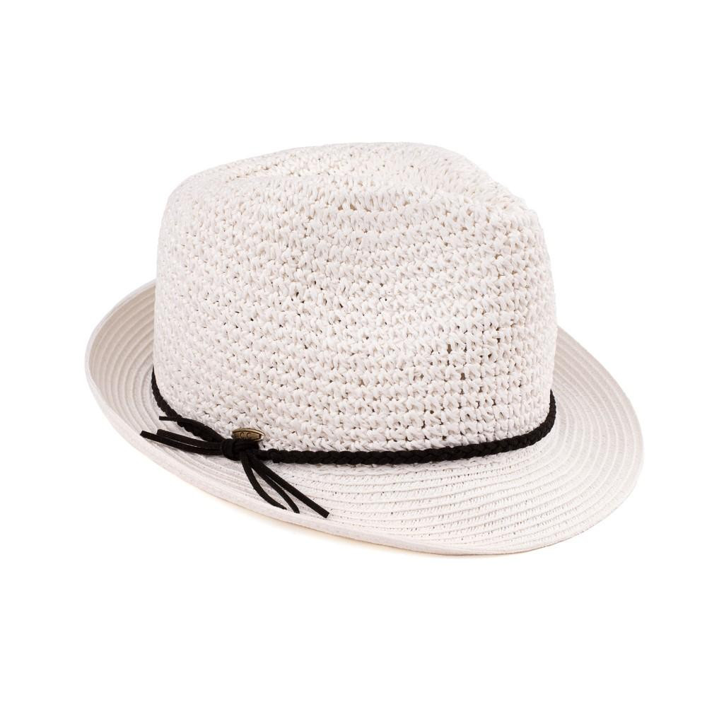 C.C Brand fedora hat with a braided accent around the brim. 95% paper and 5% polyester. Approximately 9.5" in total diameter. UPF 50+ view 2
