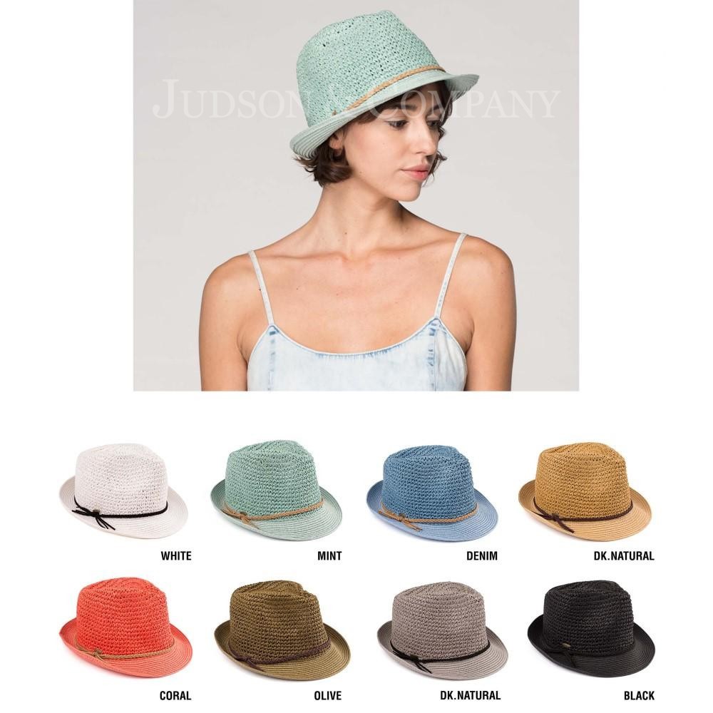 C.C Brand fedora hat with a braided accent around the brim. 95% paper and 5% polyester. Approximately 9.5" in total diameter. UPF 50+ view 4