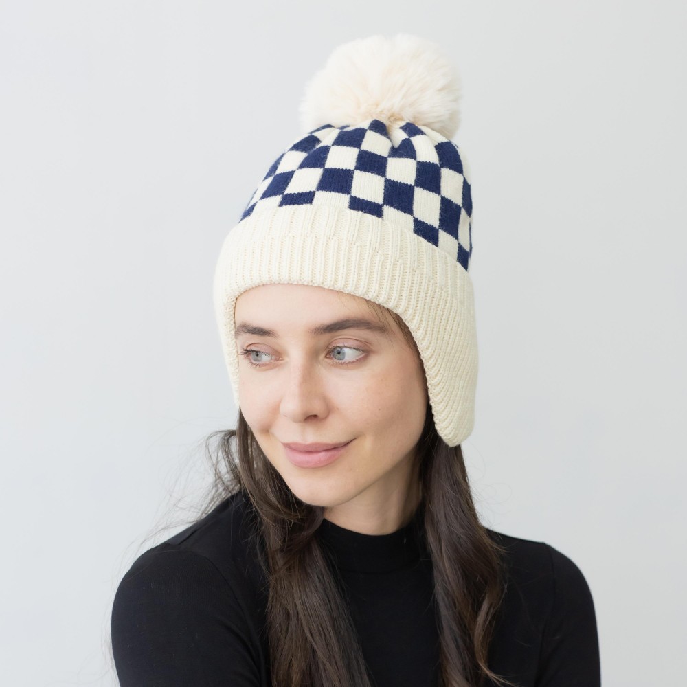 Checkered Beanie With Faux Fur Pom And Ear Flaps - One Size - 100% Acrylic view 2