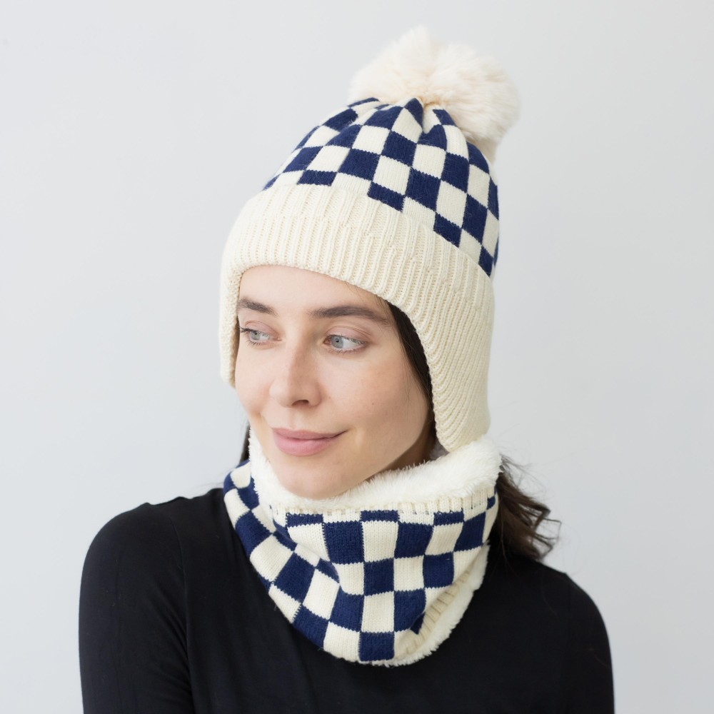 Checkered Beanie With Faux Fur Pom And Ear Flaps - One Size - 100% Acrylic view 4