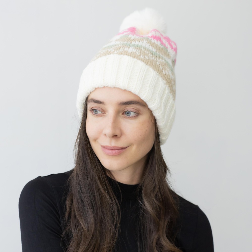 Chunky Knit Beanie With Faux Fur Pom - One Size - Fleece Lined - 100% Acrylic view 2