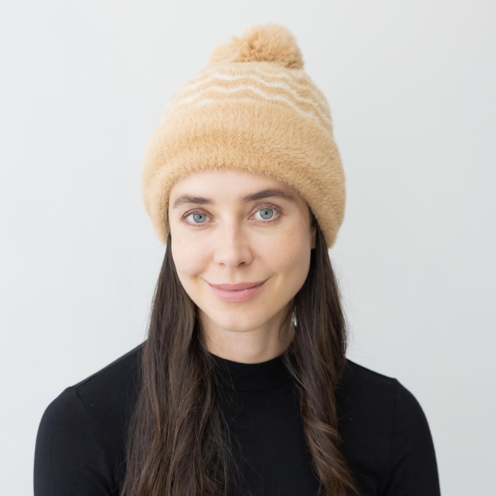 Fuzzy Lined Synthetic Mohair Zig-Zag Striped Beanie With Pom. - One Size Fits Most - 100% Acylic view 2