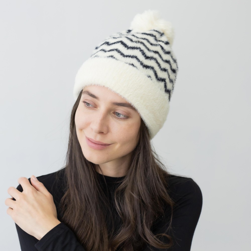 Fuzzy Lined Synthetic Mohair Zig-Zag Striped Beanie With Pom. - One Size Fits Most - 100% Acylic view 2