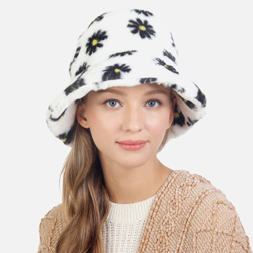 Faux Fur Fuzzy Floral Bucket Hat - One Size Fits Most - Adjustable Drawstring Inside Hat - 100% Polyester view 2