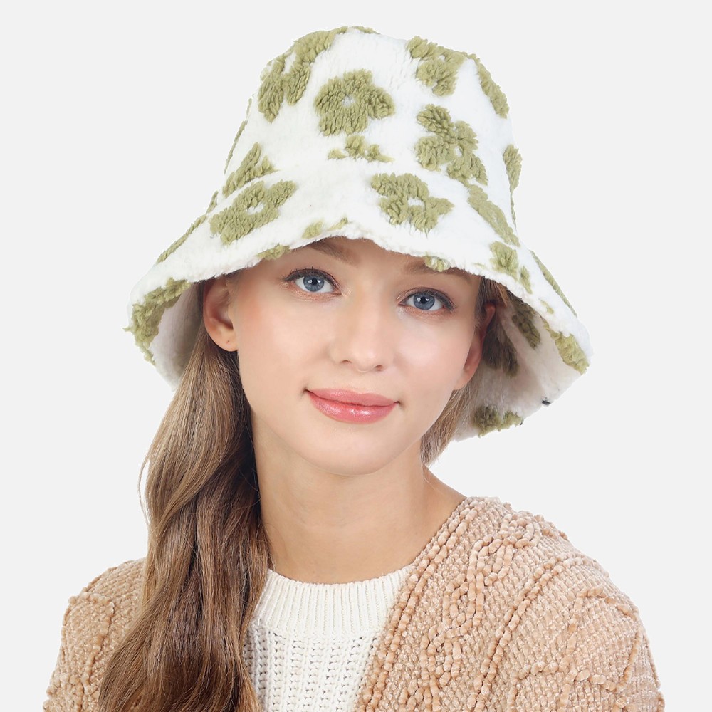Sherpa Flower Print Bucket Hat. - One Size Fits Most - Adjustable Drawstring Inside Hat - 100% Polyester view 2