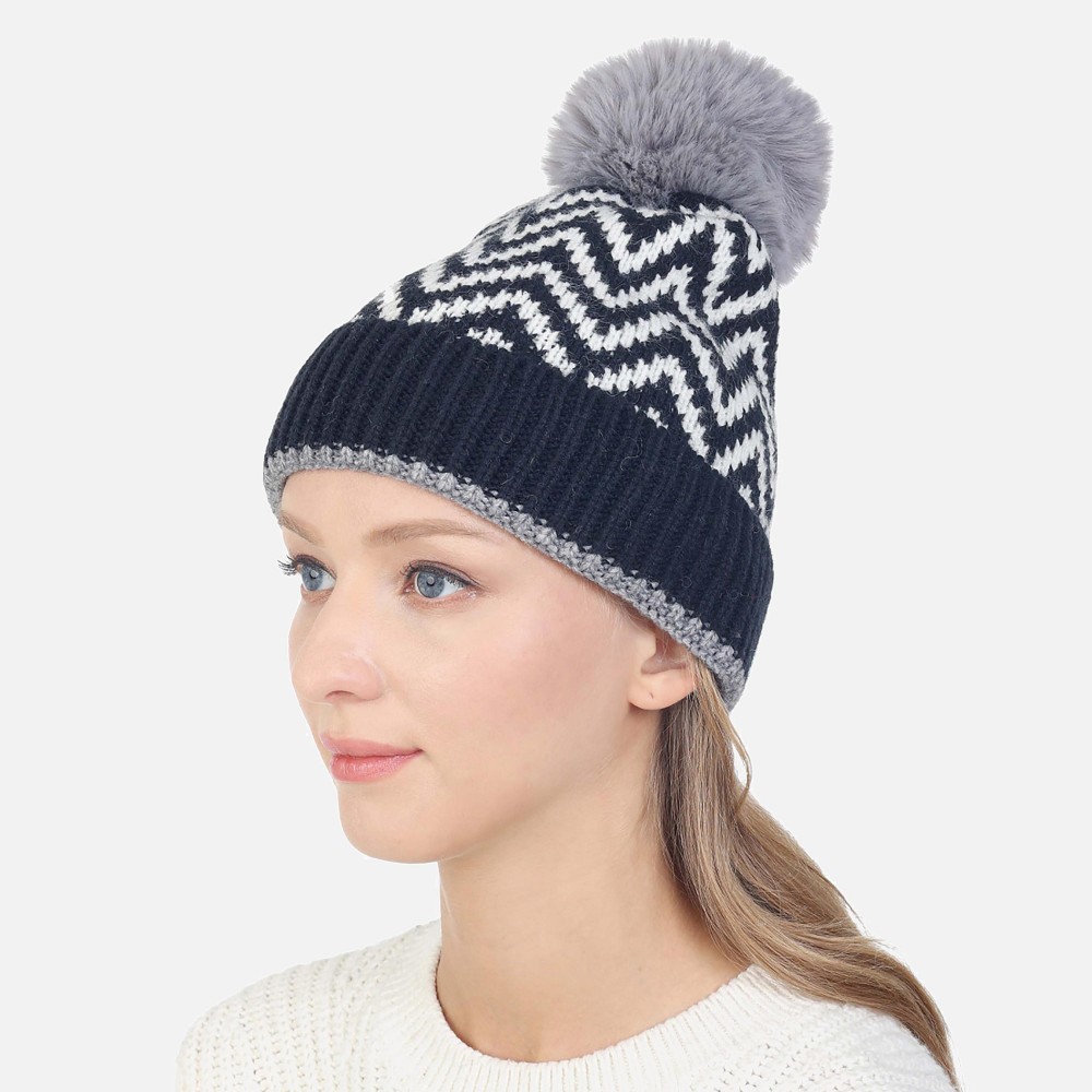 Chevron Print Beanie With Faux Fur Pom - One Size - 100% Acrylic view 2