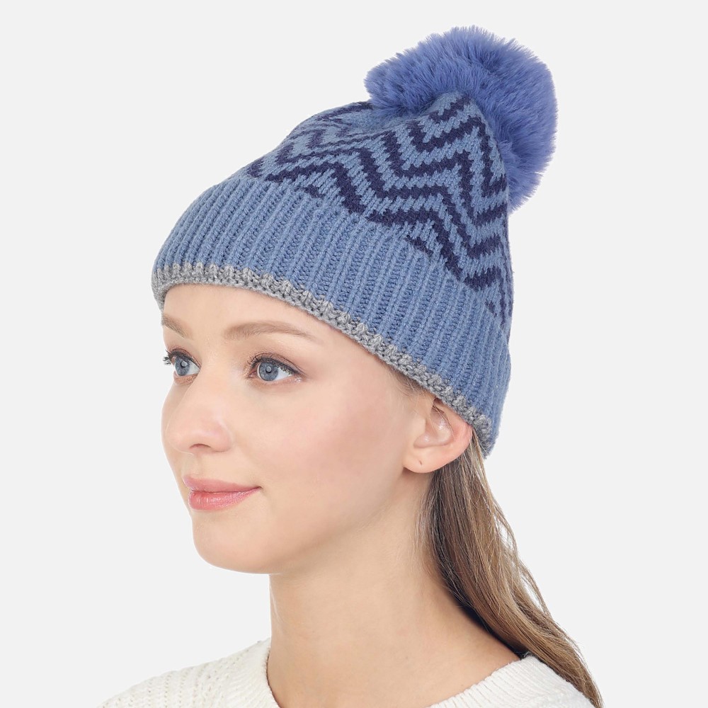 Chevron Print Beanie With Faux Fur Pom - One Size - 100% Acrylic view 2