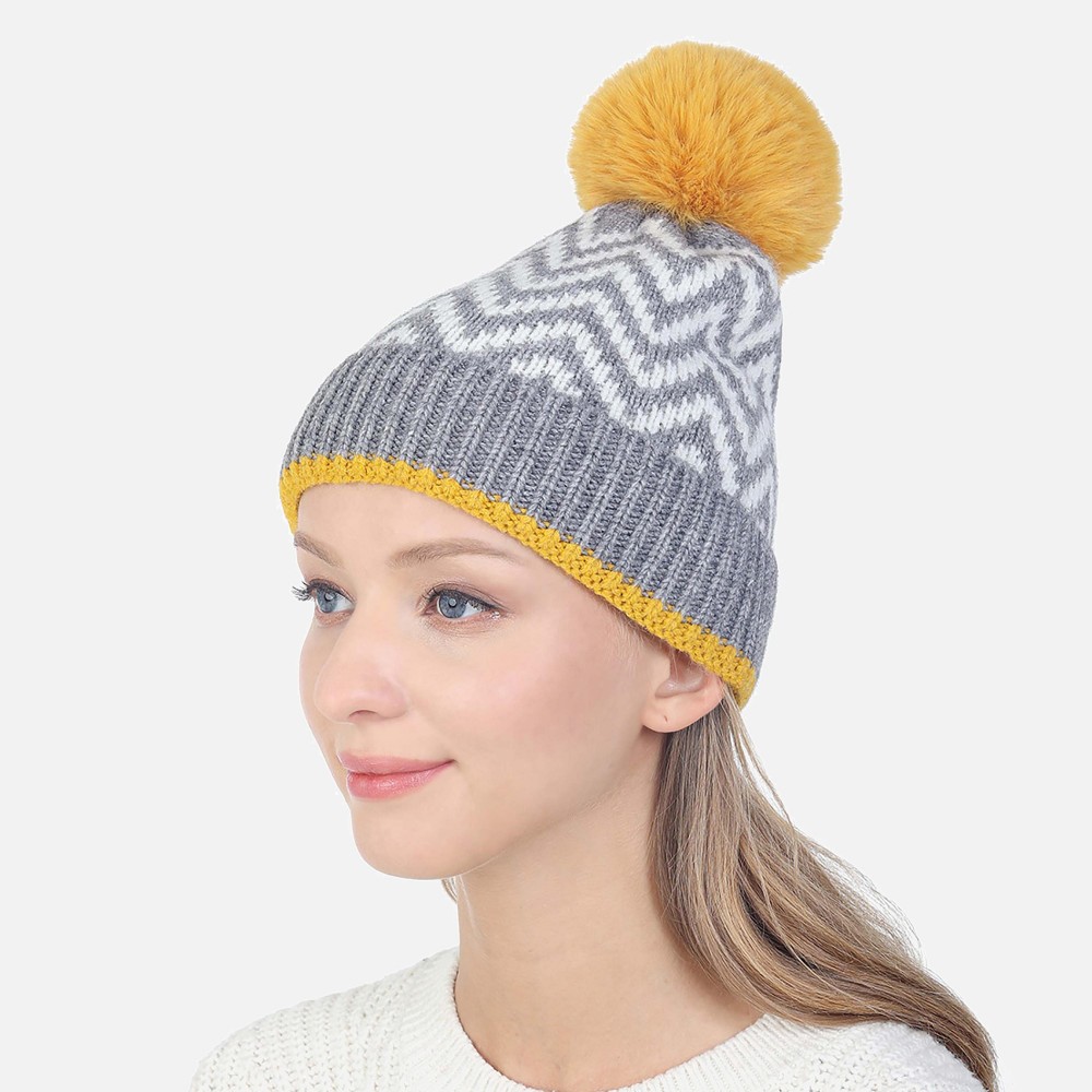 Chevron Print Beanie With Faux Fur Pom - One Size - 100% Acrylic view 2