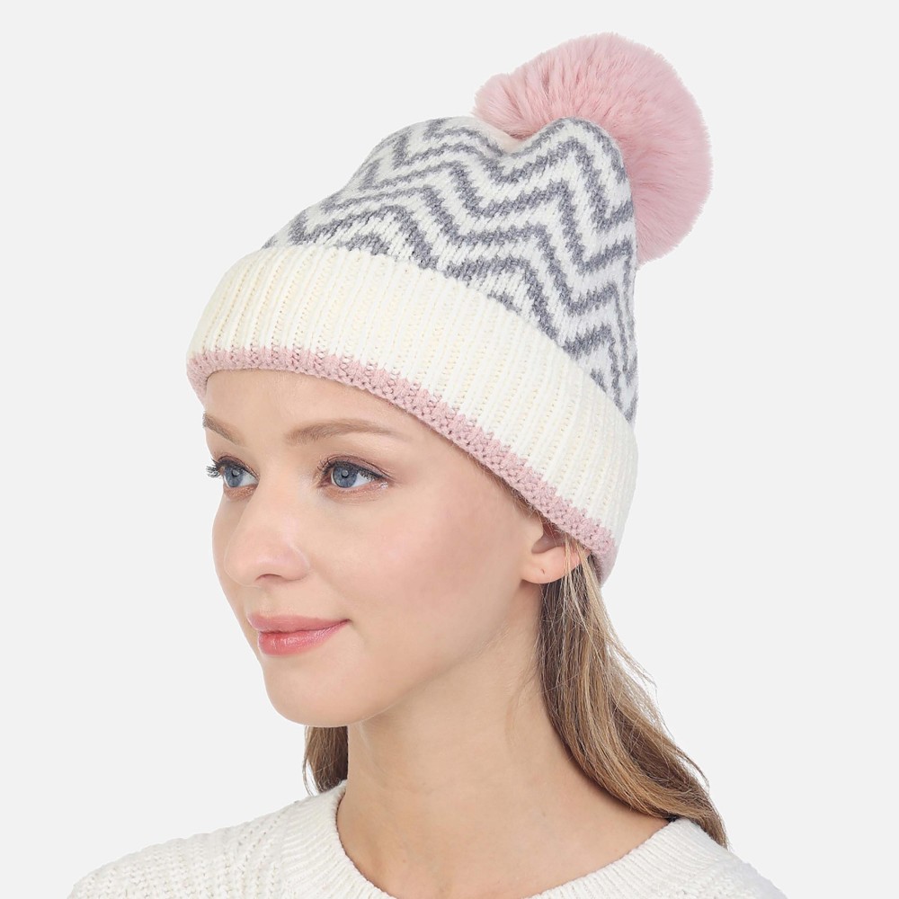 Chevron Print Beanie With Faux Fur Pom - One Size - 100% Acrylic view 2