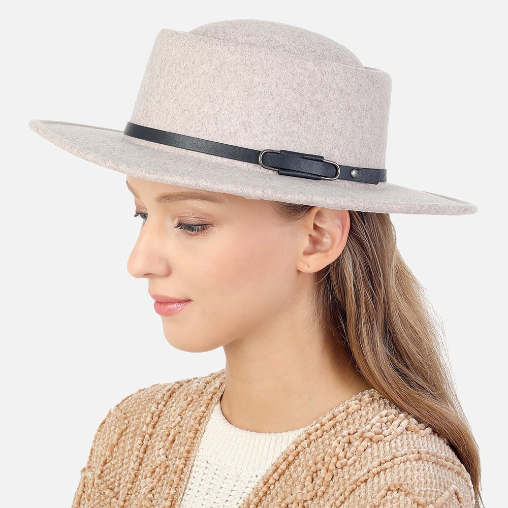 Heathered Felt Wide Brim Hat Featuring Leather Buckled Band - One Size Fits Most - Adjustable Drawstring Inside Hat - 100% Polyester - Brim Approximately 3" W view 2