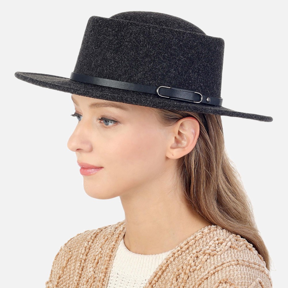 Heathered Felt Wide Brim Hat Featuring Leather Buckled Band - One Size Fits Most - Adjustable Drawstring Inside Hat - 100% Polyester - Brim Approximately 3" W view 2