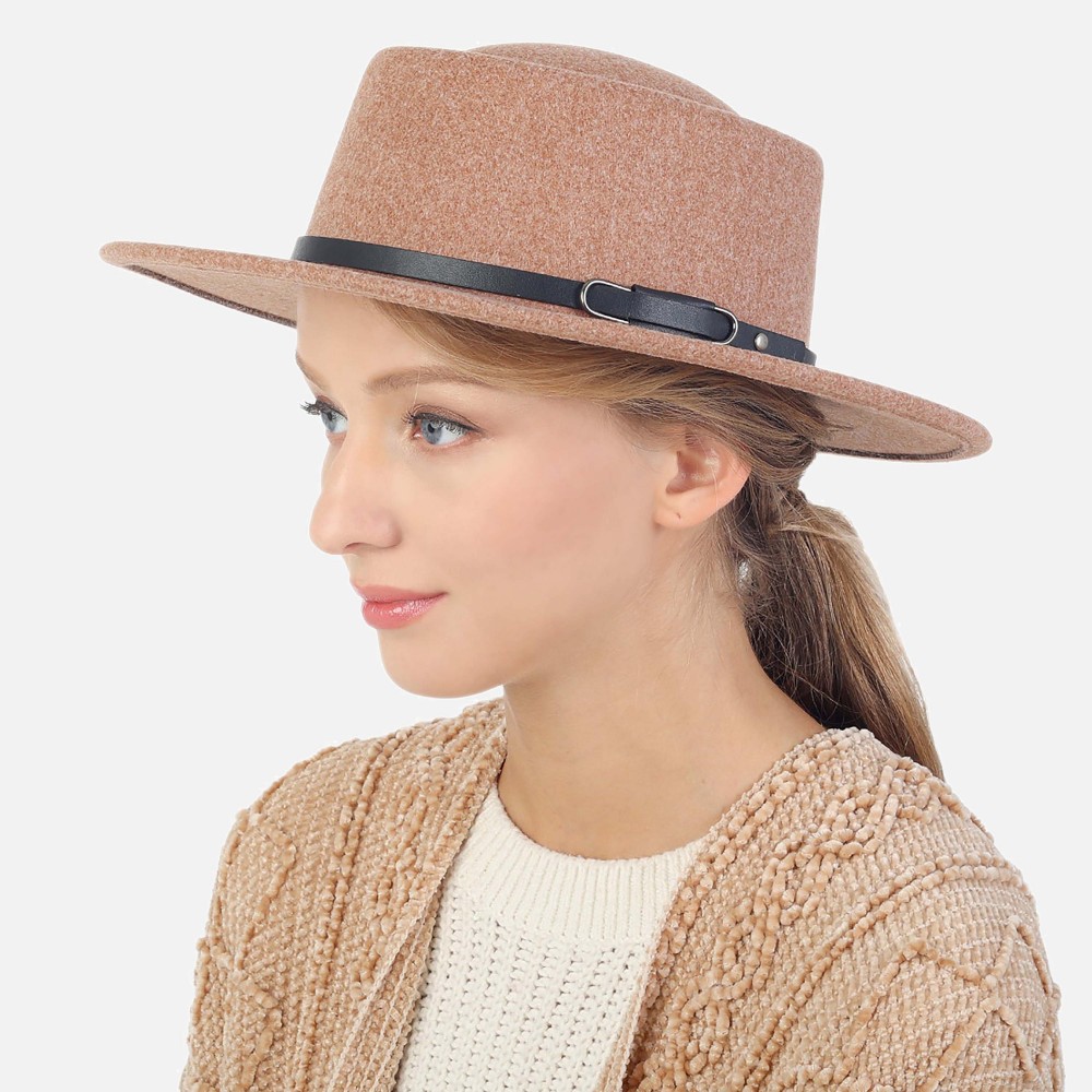 Heathered Felt Wide Brim Hat Featuring Leather Buckled Band - One Size Fits Most - Adjustable Drawstring Inside Hat - 100% Polyester - Brim Approximately 3" W view 2