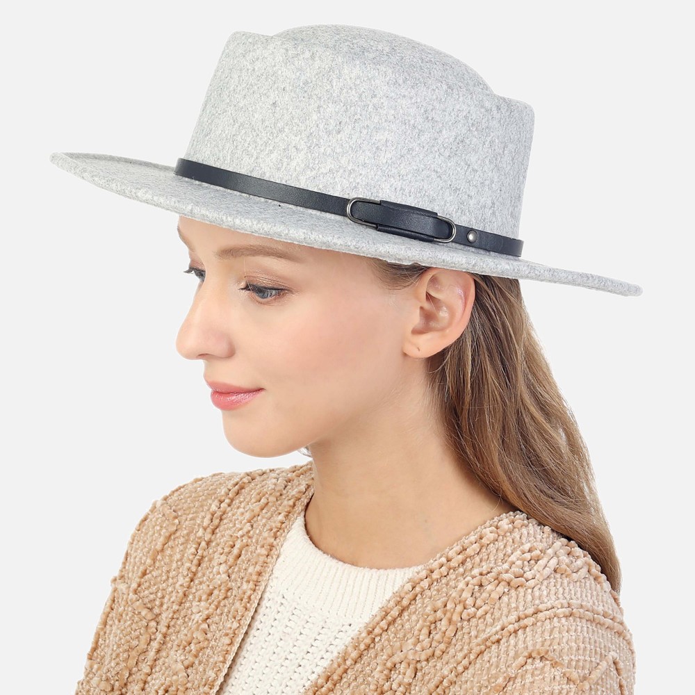 Heathered Felt Wide Brim Hat Featuring Leather Buckled Band - One Size Fits Most - Adjustable Drawstring Inside Hat - 100% Polyester - Brim Approximately 3" W view 2