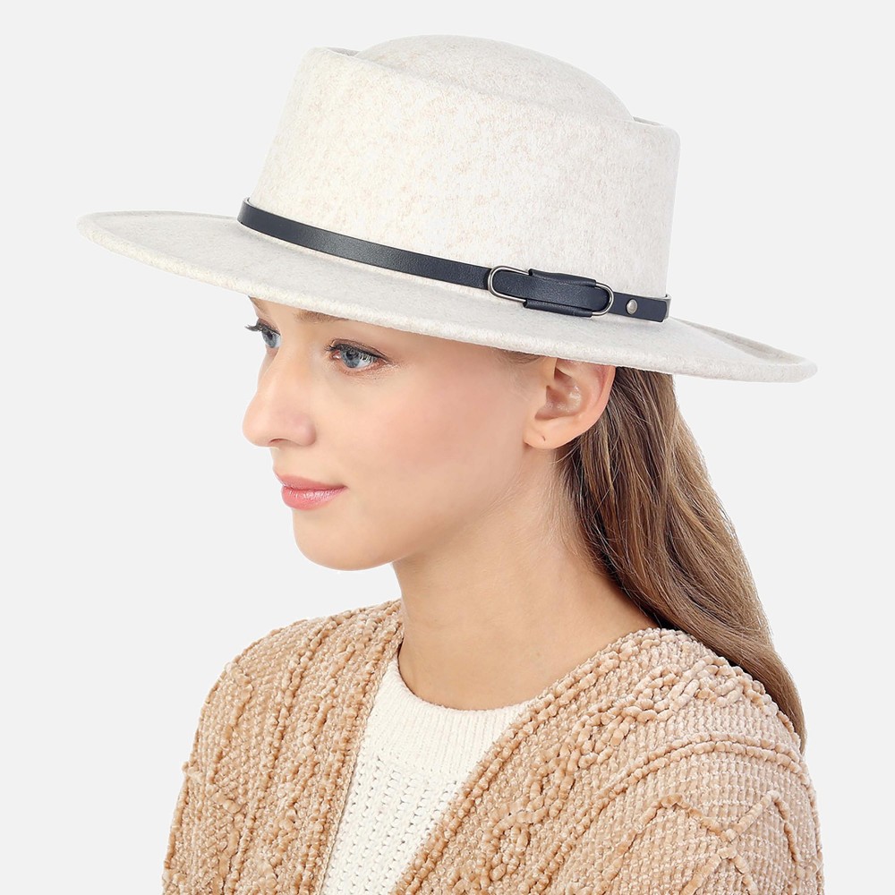 Heathered Felt Wide Brim Hat Featuring Leather Buckled Band - One Size Fits Most - Adjustable Drawstring Inside Hat - 100% Polyester - Brim Approximately 3" W view 2