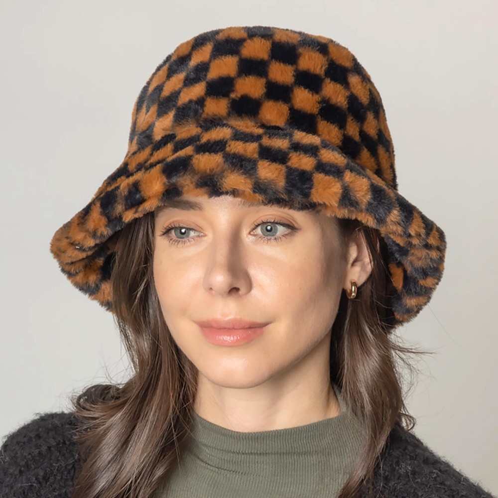Fuzzy Checkered Bucket Hat. - Adjustable Draw String - One Size Fits Most - 100% Polyester view 2