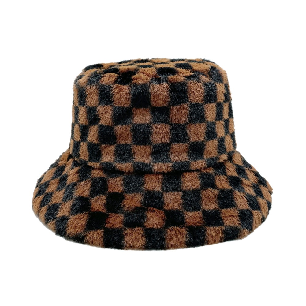 Fuzzy Checkered Bucket Hat. - Adjustable Draw String - One Size Fits Most - 100% Polyester view 4