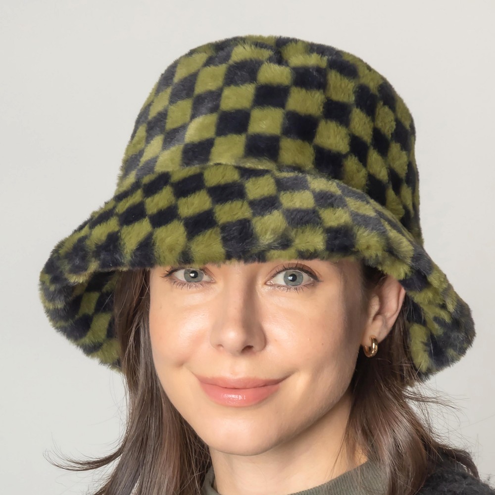 Fuzzy Checkered Bucket Hat. - Adjustable Draw String - One Size Fits Most - 100% Polyester view 2