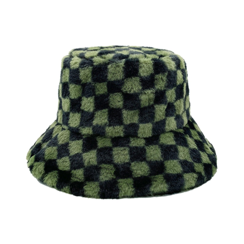 Fuzzy Checkered Bucket Hat. - Adjustable Draw String - One Size Fits Most - 100% Polyester view 4
