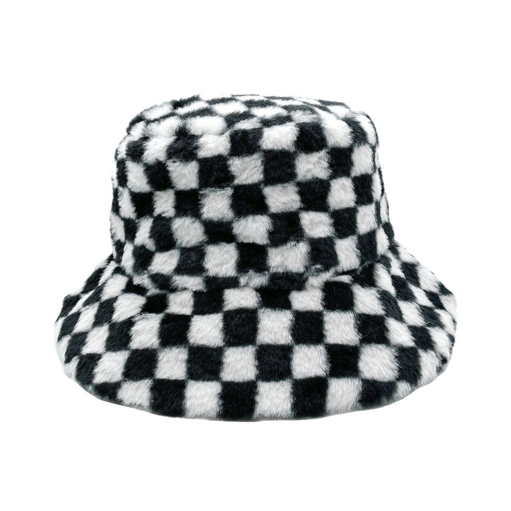 Fuzzy Checkered Bucket Hat. - Adjustable Draw String - One Size Fits Most - 100% Polyester view 2