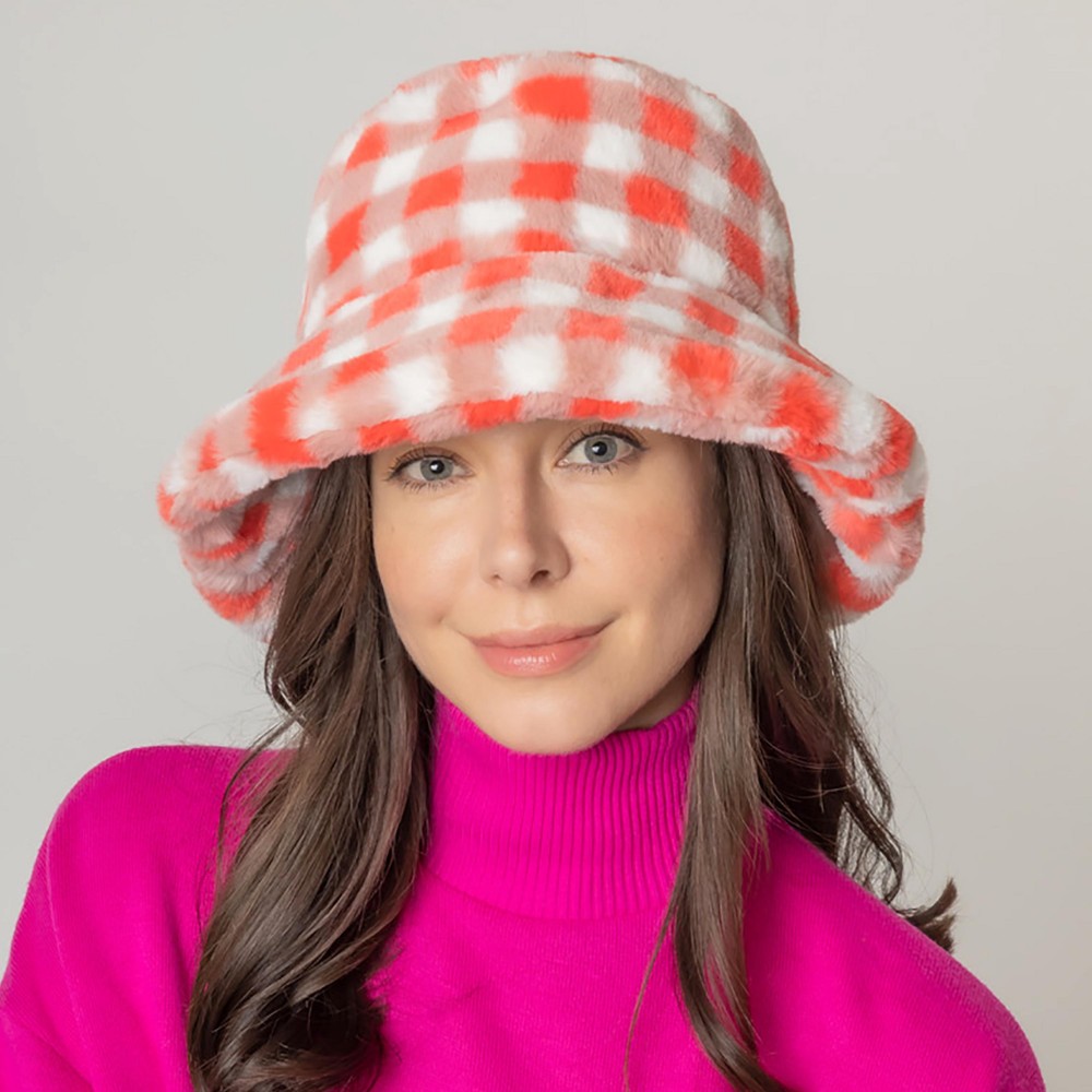 Do Everything In Love Faux Fur Plaid Bucket Hat - One Size Fits Most - Lined Bucket Hat With Adjustable Drawstring - 100% Polyester view 2