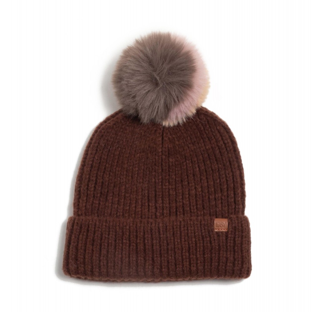 Knit Beanie with Multi Faux Fur Pom. - One Size Fits Most - 50% Acrylic / 50% Polyester view 2