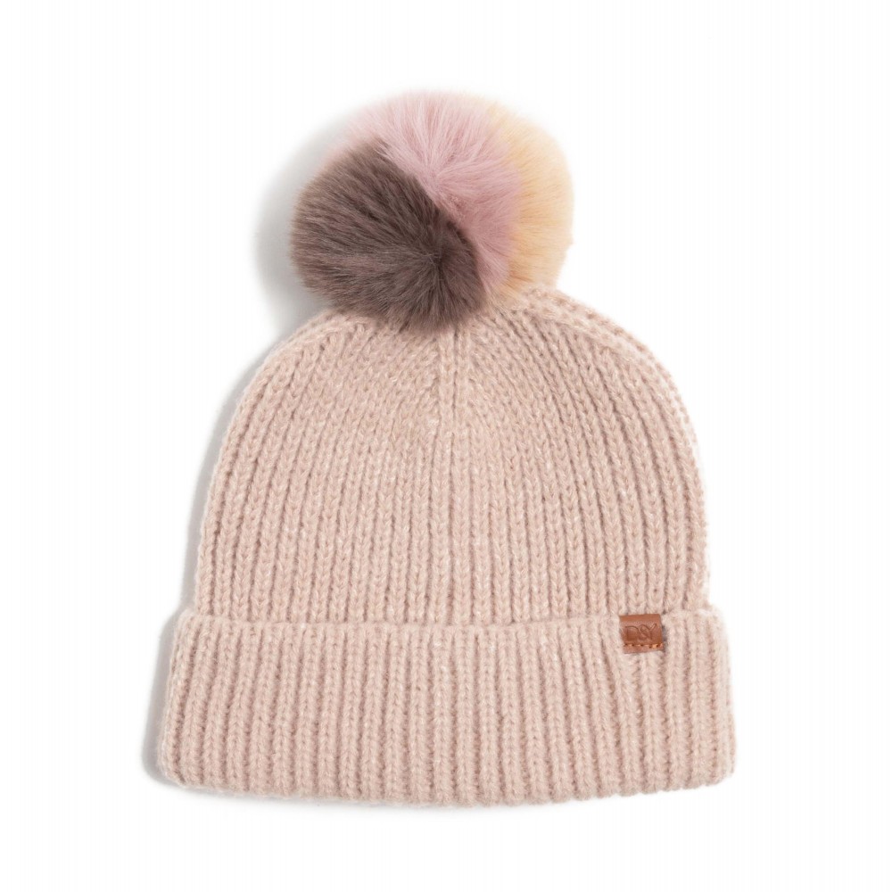 Knit Beanie with Multi Faux Fur Pom. - One Size Fits Most - 50% Acrylic / 50% Polyester view 2