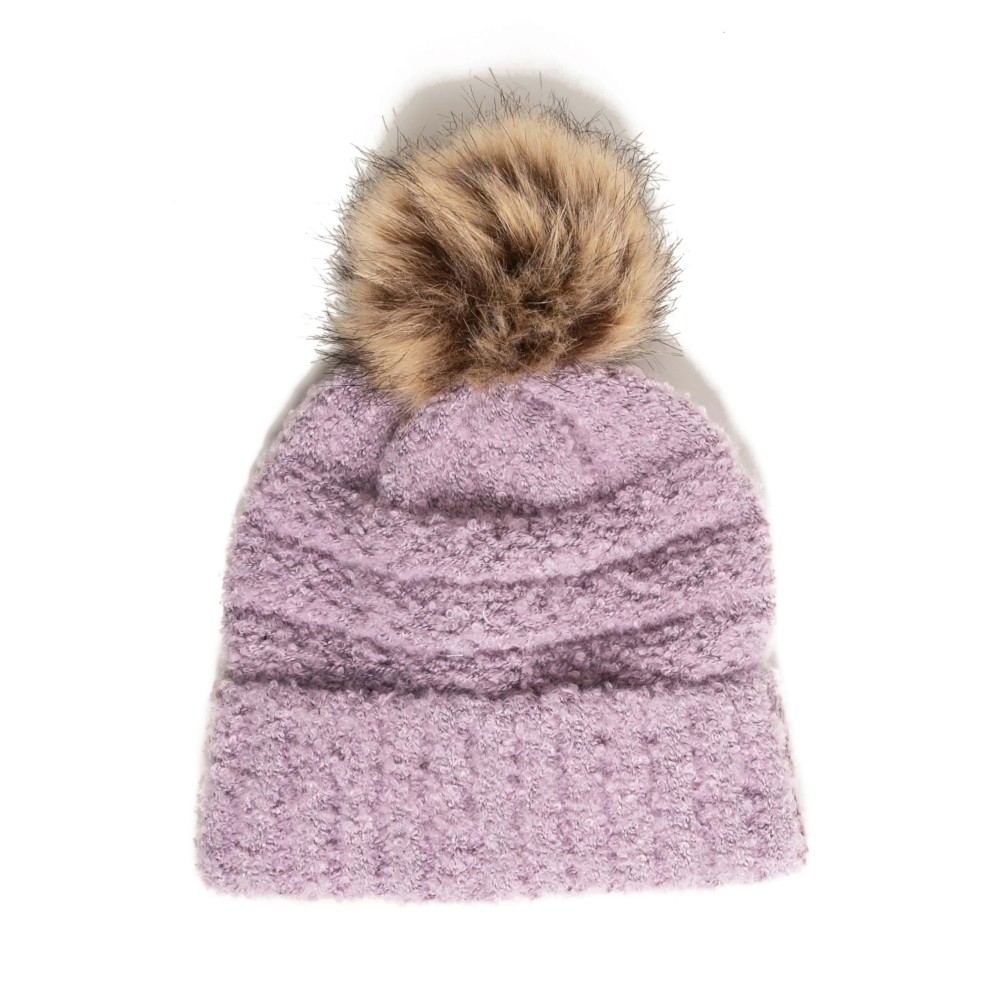 Brushed Boucle Beanie With Faux Fur Pom Pom - One Size Fits Most - Ultra Soft 100% Polyester view 2