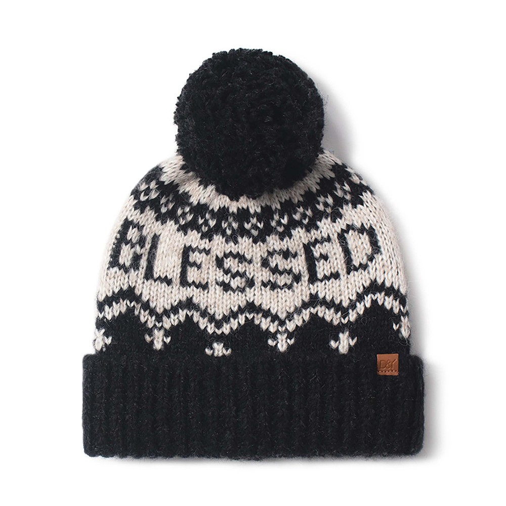"Blessed" Knit Beanie with Pom. - One Size Fits Most - 55% Acrylic / 30% Polyester / 15% Polyester view 2