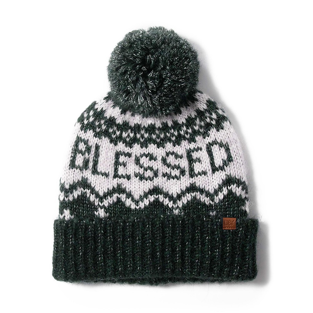 "Blessed" Knit Beanie with Pom. - One Size Fits Most - 55% Acrylic / 30% Polyester / 15% Polyester view 2