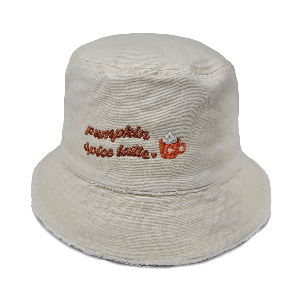Pumpkin Spice Latte Embroidered Bucket Hat With Frayed Edges - One Size - 100% Cotton view 2