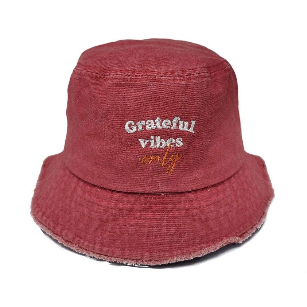 Grateful Vibes Only Embroidered Bucket Hat With Frayed Edges - One Size - 100% Cotton view 2