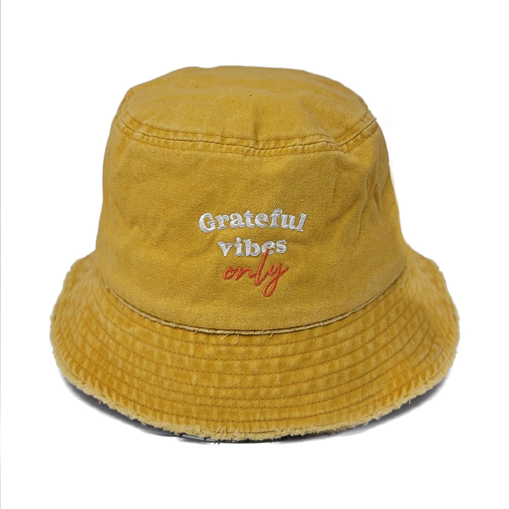 Grateful Vibes Only Embroidered Bucket Hat With Frayed Edges - One Size - 100% Cotton view 2
