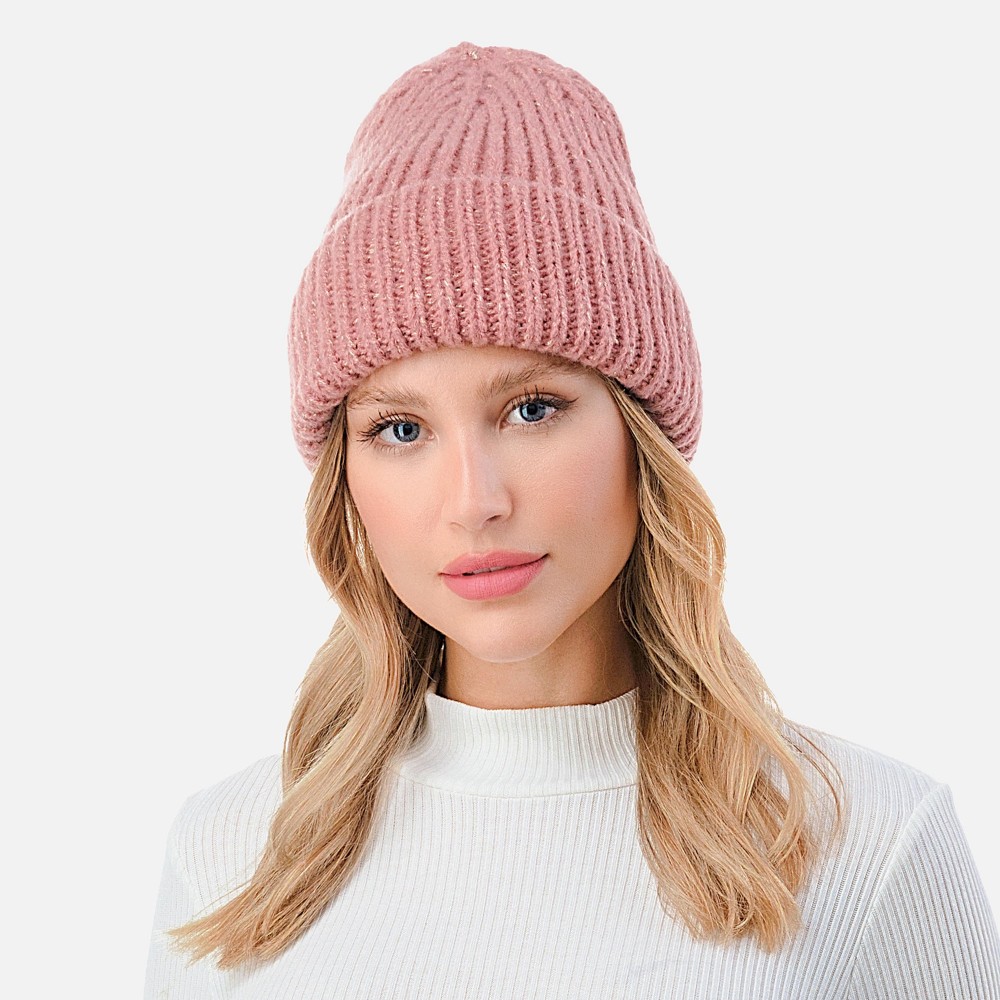 Ribbed Cuff Beanie with Glittered Tinsel Accent. - One Size Fits Most - 100% Polyester view 2