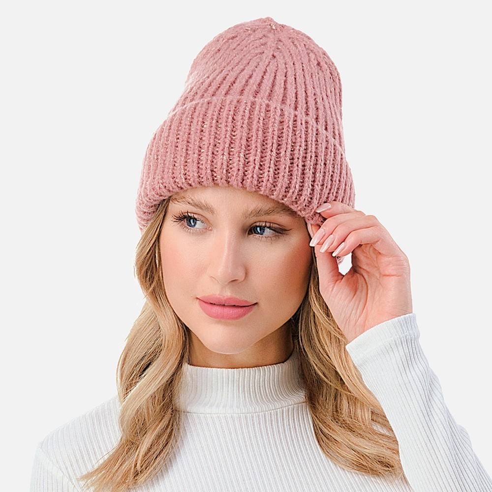 Ribbed Cuff Beanie with Glittered Tinsel Accent. - One Size Fits Most - 100% Polyester view 6