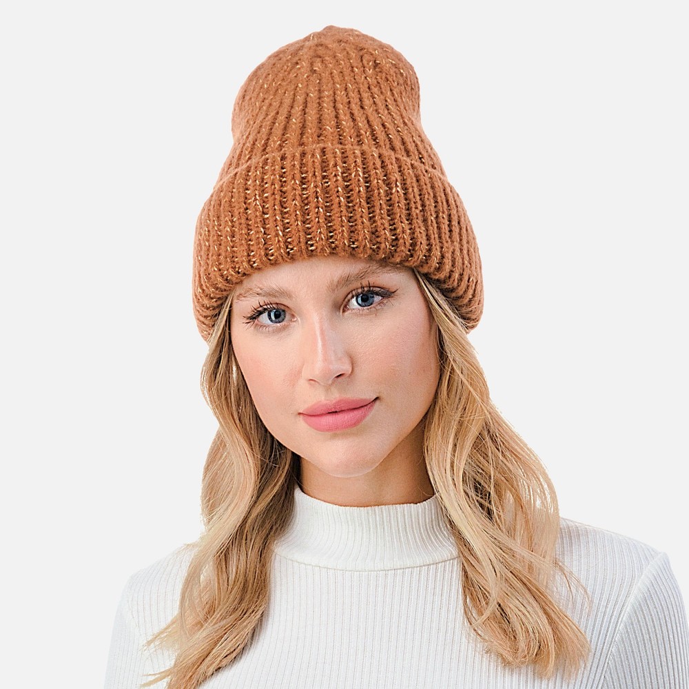 Ribbed Cuff Beanie with Glittered Tinsel Accent. - One Size Fits Most - 100% Polyester view 2