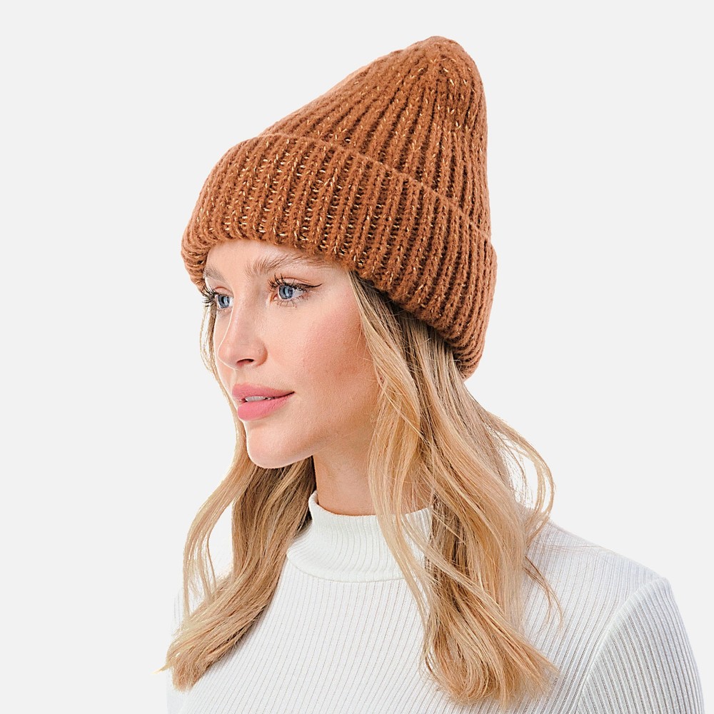 Ribbed Cuff Beanie with Glittered Tinsel Accent. - One Size Fits Most - 100% Polyester view 4