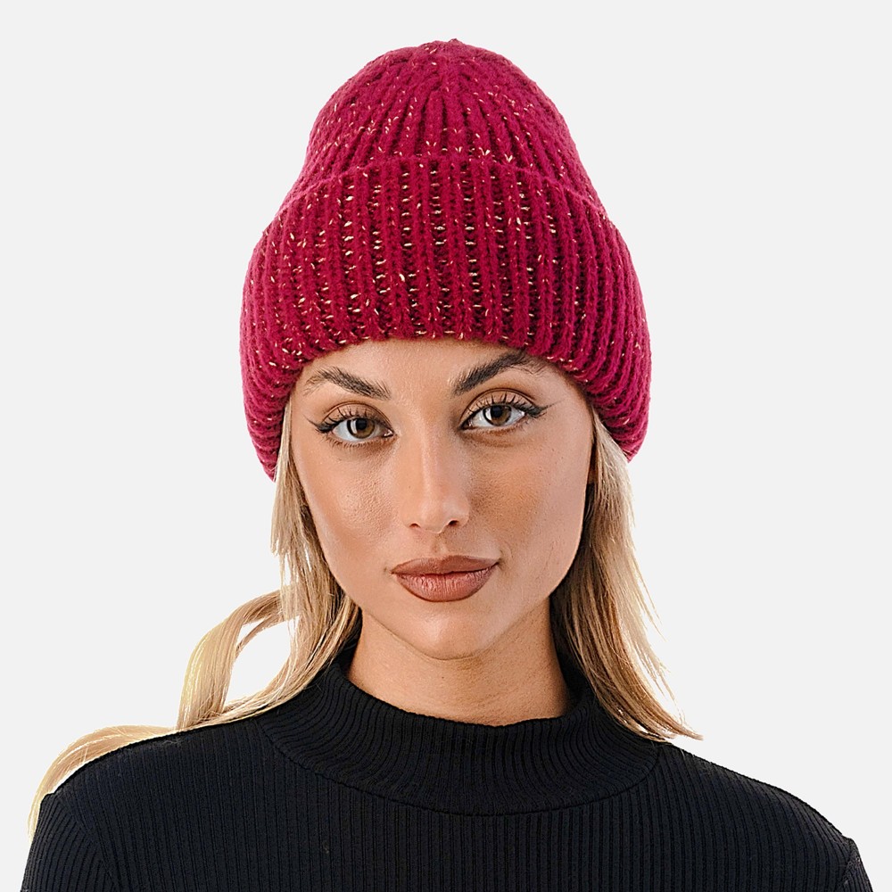 Ribbed Cuff Beanie with Glittered Tinsel Accent. - One Size Fits Most - 100% Polyester view 2