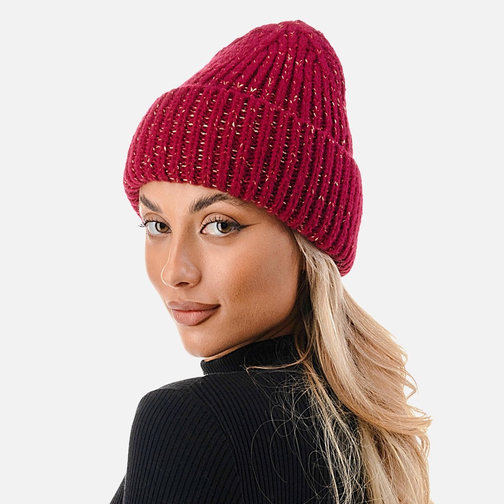 Ribbed Cuff Beanie with Glittered Tinsel Accent. - One Size Fits Most - 100% Polyester view 4