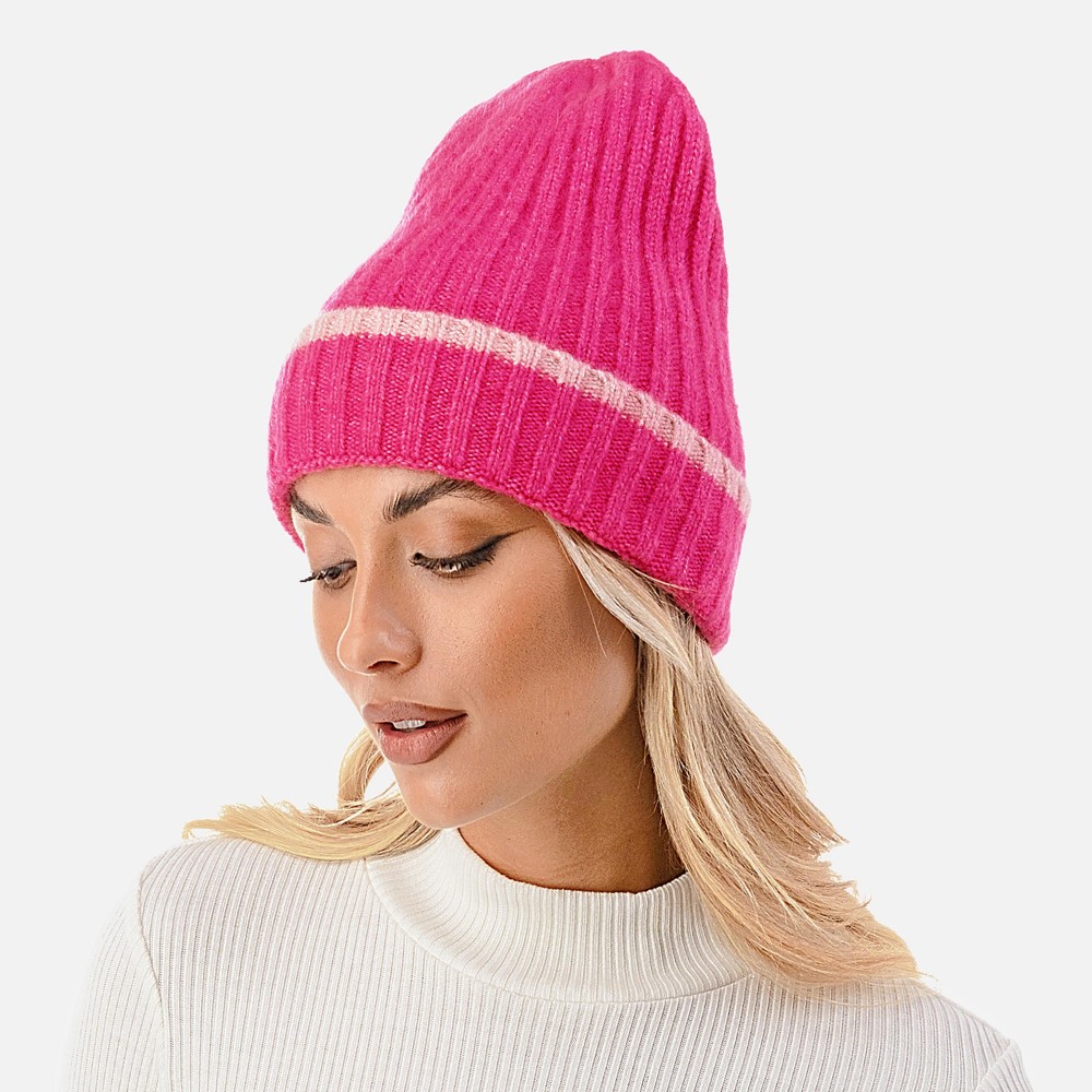 Ribbed Cuff Beanie with Striped Accent. - One Size Fits Most - 70% Acrylic / 25% Polyester / 5% Elasstane view 4