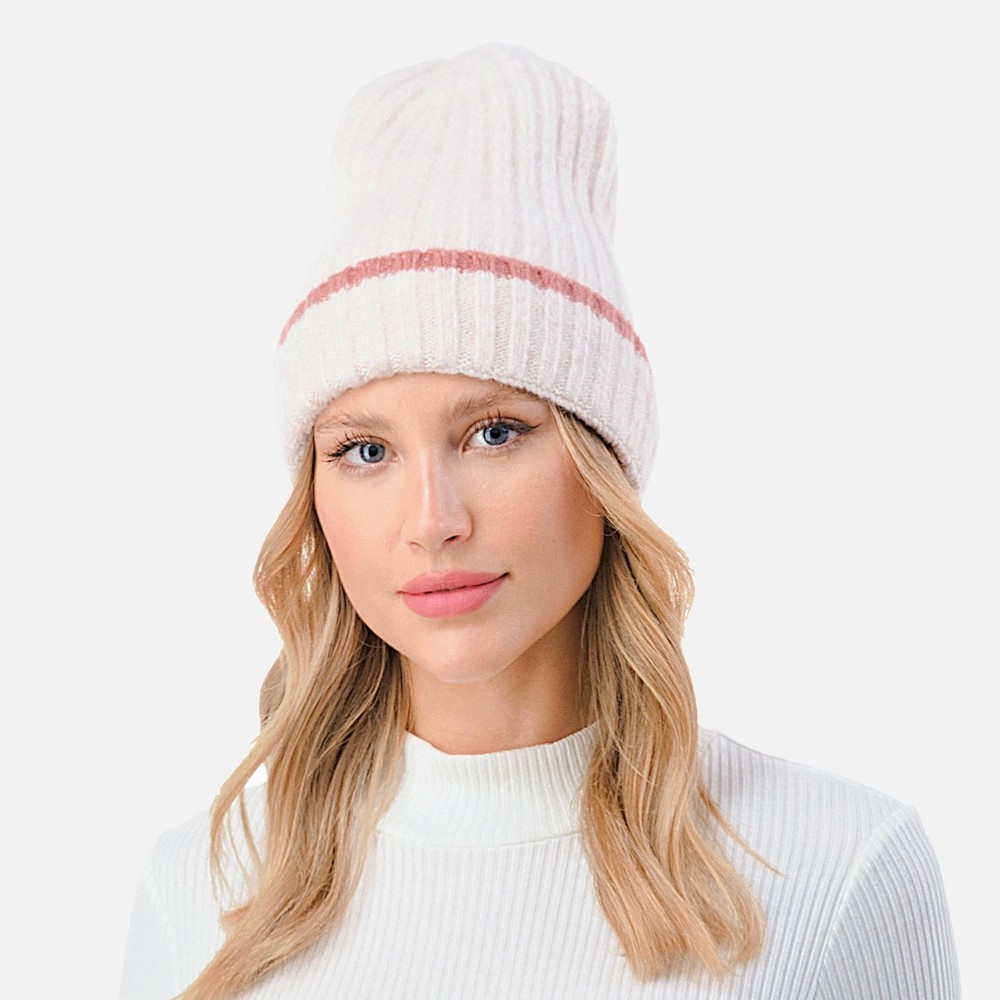 Ribbed Cuff Beanie with Striped Accent. - One Size Fits Most - 70% Acrylic / 25% Polyester / 5% Elasstane view 2