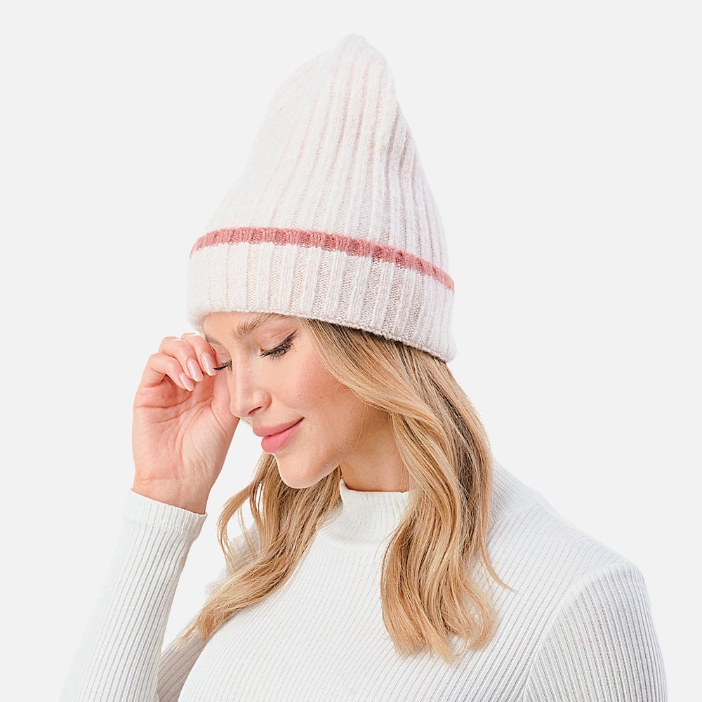 Ribbed Cuff Beanie with Striped Accent. - One Size Fits Most - 70% Acrylic / 25% Polyester / 5% Elasstane view 4