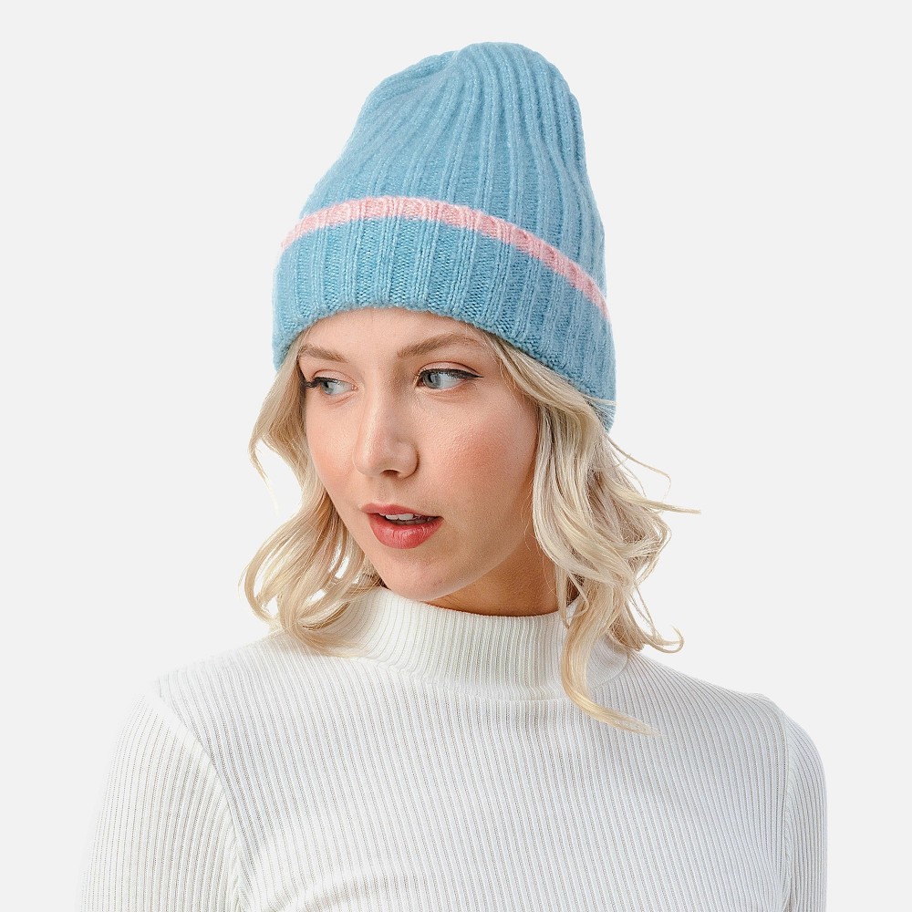 Ribbed Cuff Beanie with Striped Accent. - One Size Fits Most - 70% Acrylic / 25% Polyester / 5% Elasstane view 4